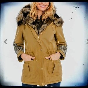 NEW Chicos embellished sleeve faux fur lined parka